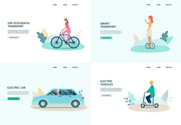 Ecological transportation and smart transport web banners set with people riding electrical and alternative fuel vehicles, flat vector illustration on white background. — Stock Vector