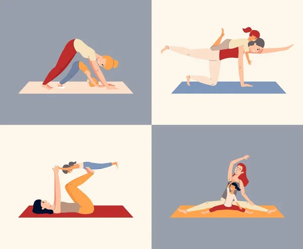 Madre e hijo haciendo yoga - conjunto aislado de dibujos animados de mujer e hija — Archivo Imágenes Vectoriales