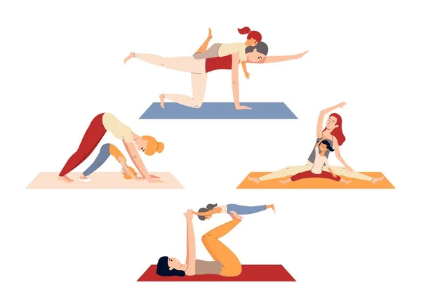 Set van moeder en kind oefenen postnatale yoga platte vector illustratie geïsoleerd. — Stockvector