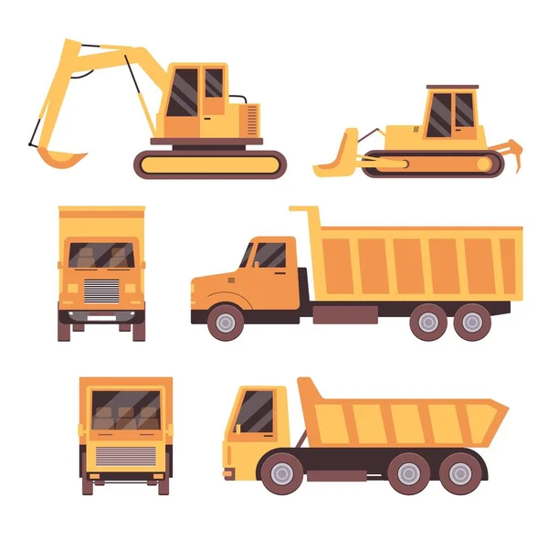 Zestaw płaski żółty samochód ciężarowy izolowany na białym tle - widok z przodu i z boku — Wektor stockowy