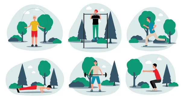 Man performing sport activity outdoors set of flat vector illustration isolated. — Stock Vector