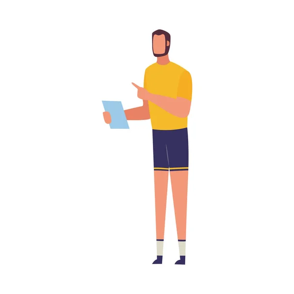 Cartoon fit sport trener czytanie plan fitness z papieru i wskazując palcem — Wektor stockowy