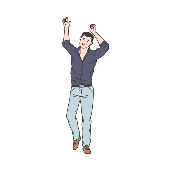 Dansende man karakter in jeans en shirt, schets vector illustratie geïsoleerd. — Stockvector