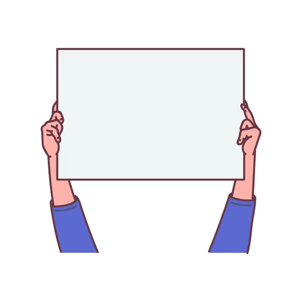 Ruce držet prázdný plakát nebo banner náčrt kreslený vektor ilustrace izolované. — Stockový vektor