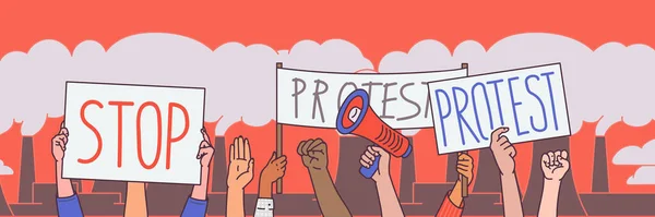 Banner con pancartas de protesta en manos humanas ilustración vectorial de dibujos animados. — Vector de stock