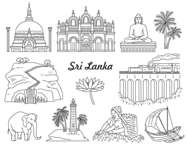 Sri Lanka oriëntatiepunten iconen in zwarte lijn schets vector illustratie geïsoleerd. — Stockvector
