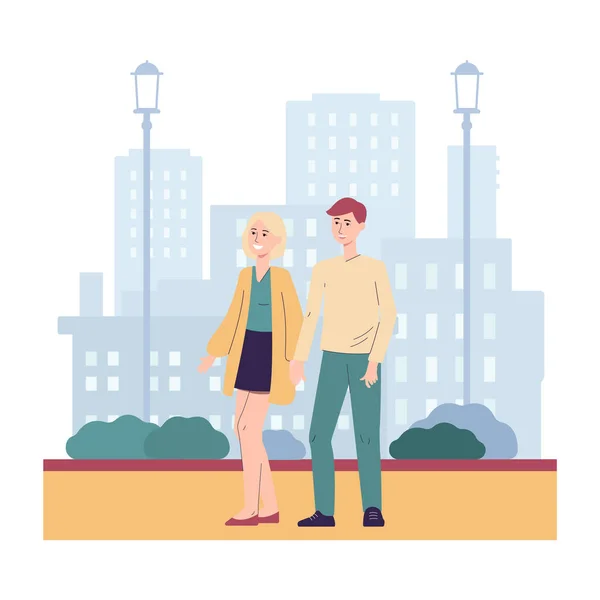 Giovani coppie che camminano insieme nella città moderna, illustrazione vettoriale piatta isolata. — Vettoriale Stock
