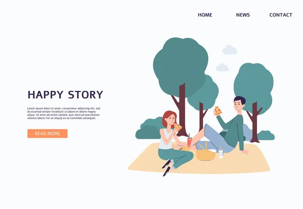 Happy story - modèle de bannière plat avec couple sur pique-nique. — Image vectorielle