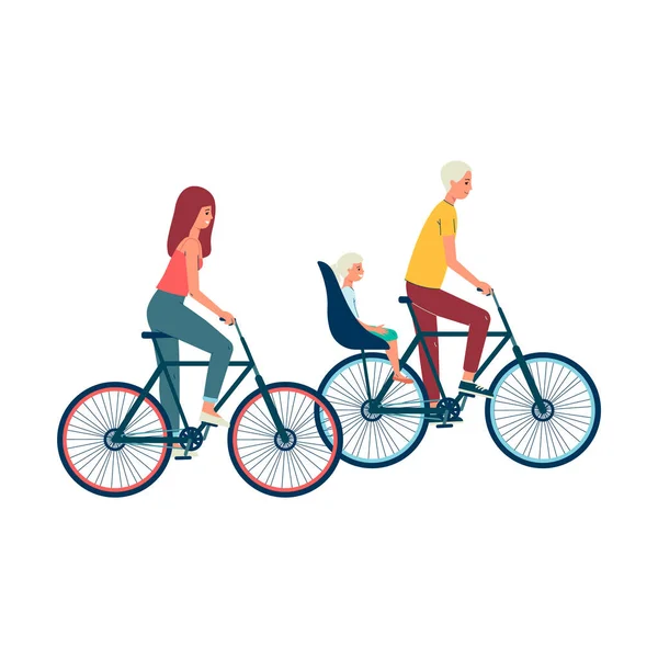 함께 자전거를 타고 다니는 자녀와 함께 평평 한 벡터 삽화 따로 떨어져 있는 가족. — 스톡 벡터