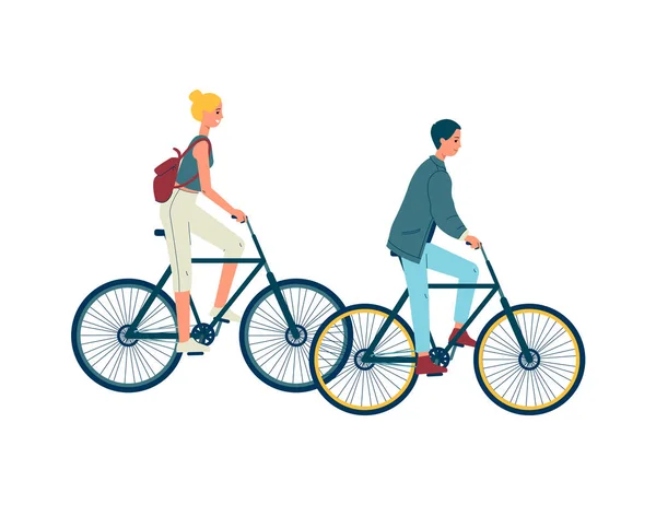 Personas personajes de dibujos animados montar bicicleta plana vector ilustración aislado. — Vector de stock