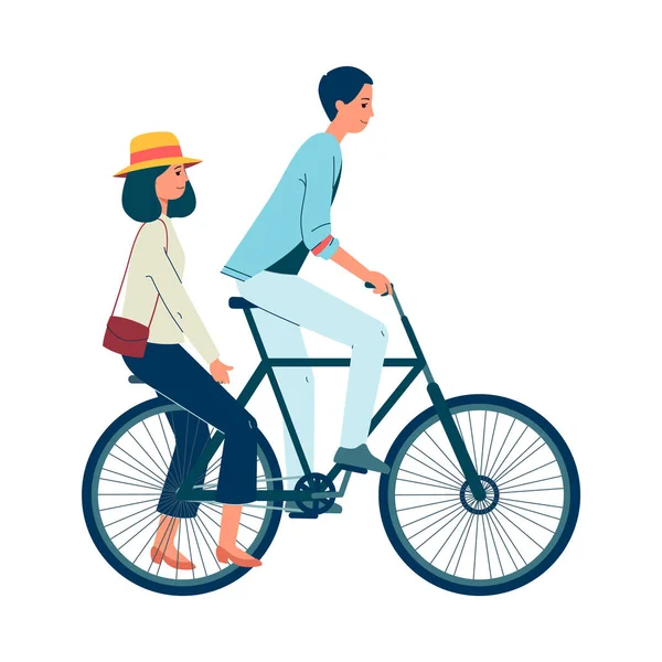 Pareja de jóvenes montando bicicleta plana ilustración vector de dibujos animados aislados. — Vector de stock