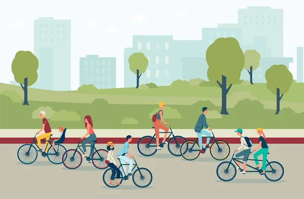 Femmes et enfants, hommes et couples font du vélo sur la route sur fond de paysage urbain. — Image vectorielle