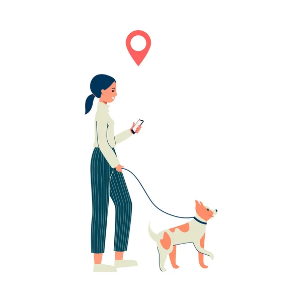 卡通女用智能手机上的定位应用程序遛狗 — 图库矢量图片