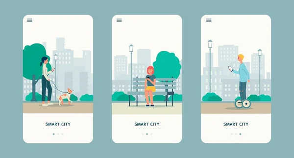 Smart city set with people using phone for navigation, flat vector illustration. — Stock Vector
