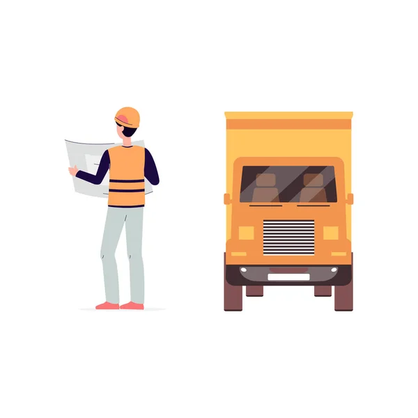 Ouvrier debout par camion de livraison et document papier de lecture — Image vectorielle