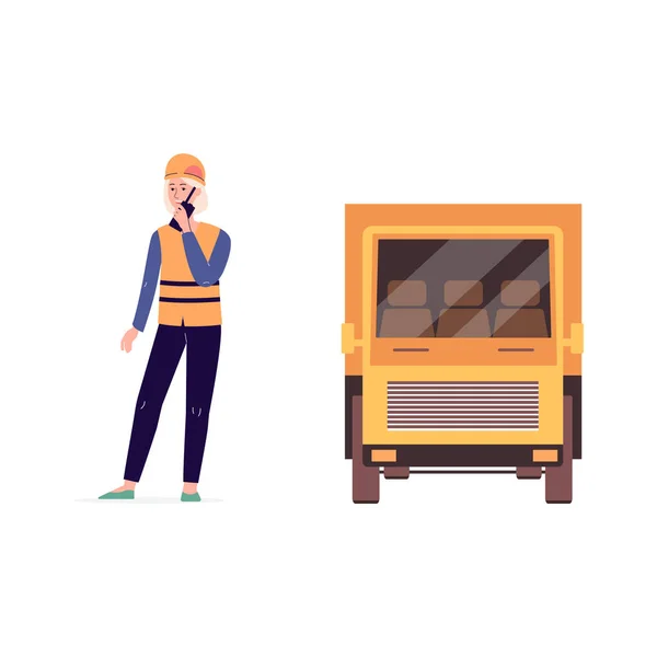 Транспорт работник и желтый грузовик доставки - мультфильм женщина и грузовик — стоковый вектор