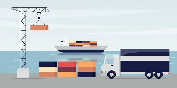 Fartygshamn med lastcontainrar och lastkajskran och lastbil — Stock vektor