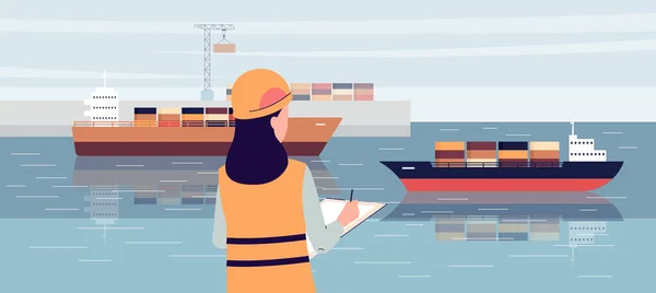 Yükleme rıhtımında duran ve not defterinde yazan sanayi gemisi işçisi — Stok Vektör