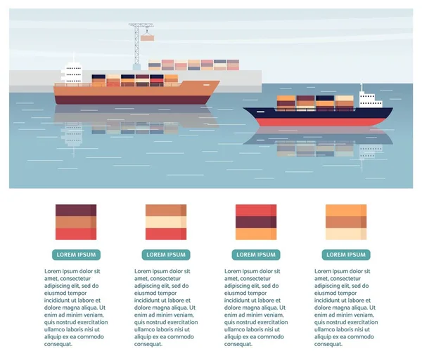 Vrachtschip export banner met schepen, vlakke vector illustratie geïsoleerd. — Stockvector