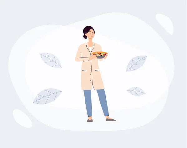 Mujer nutricionista o dietólogo sosteniendo verduras, ilustración vectorial plana. — Vector de stock