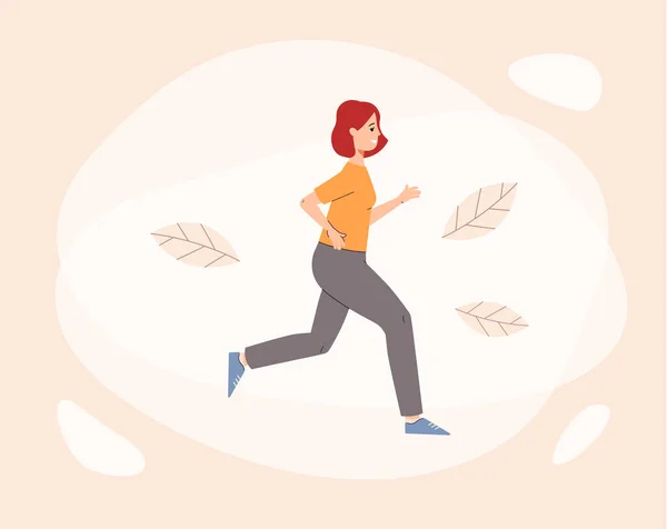 Счастливая женщина бегает и улыбается - мультфильм о спортсменке-бегунье — стоковый вектор