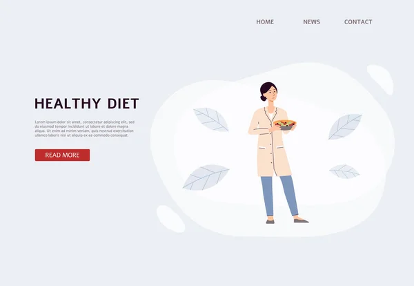 Banner de dieta saudável com caráter de desenho animado dietolog, ilustração vetorial plana . — Vetor de Stock