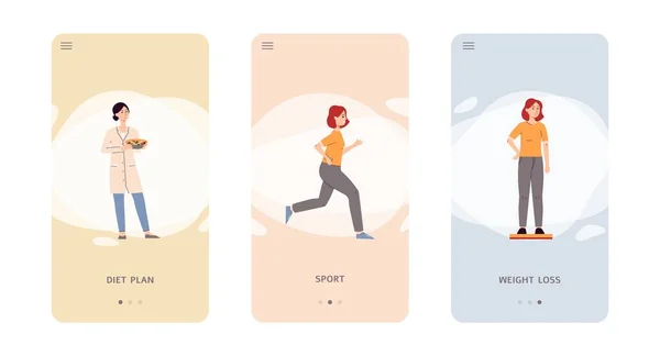 Interfaccia app nutrizionista online - medico nutrizionale femminile e cliente di perdita di peso — Vettoriale Stock