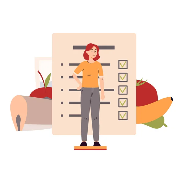 Concepto de planificación de la dieta con ilustración de vectores planos de carácter femenino aislado. — Vector de stock