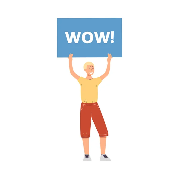 Happy man met WOW-teken - cartoon guy met verrassing promotie banner — Stockvector