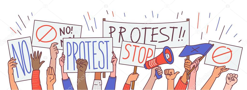 Protest with hands and political placards cartoon vector illustration isolated.