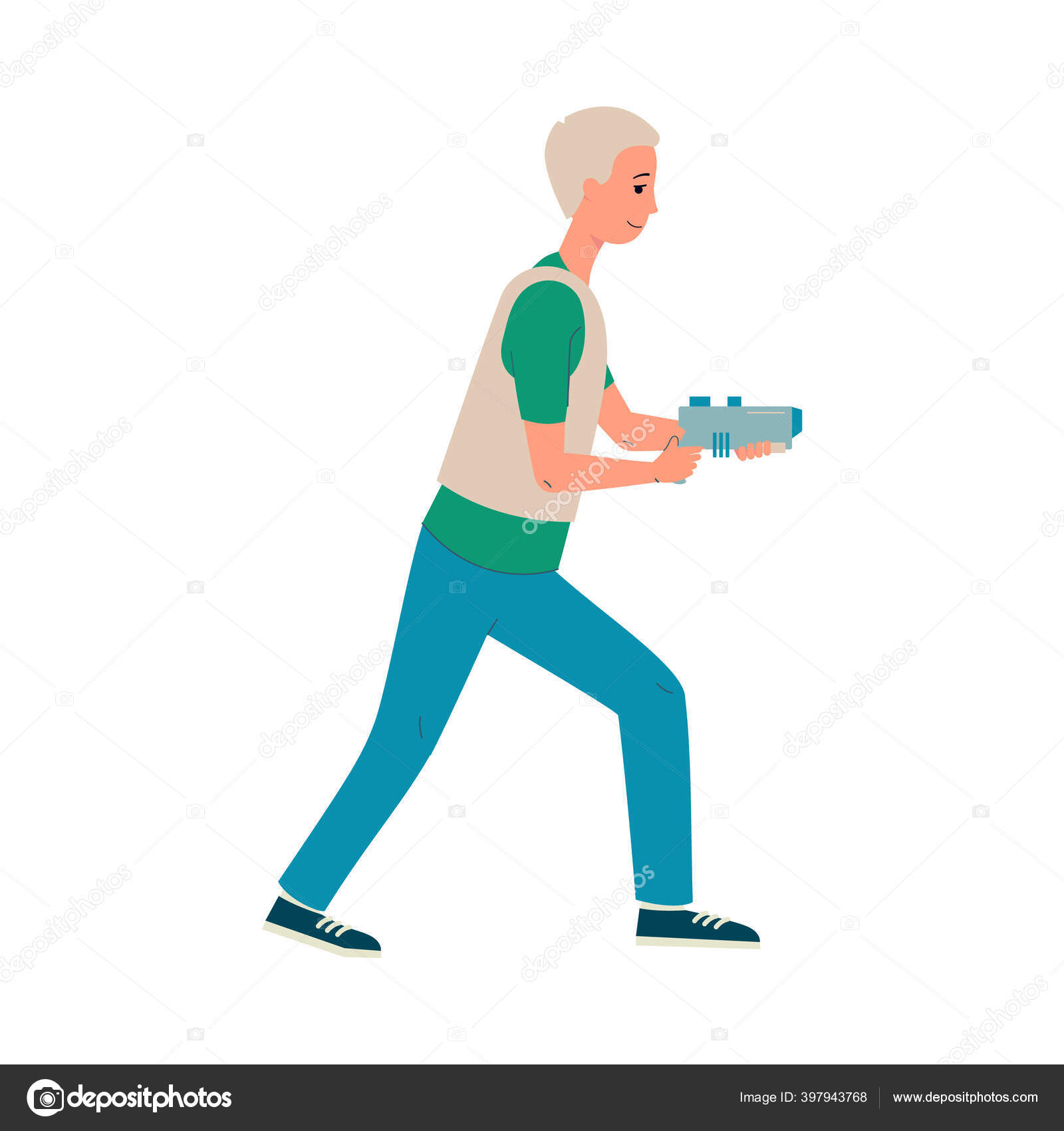 Cartoon man playing laser tag game holding a gun and walking Stock