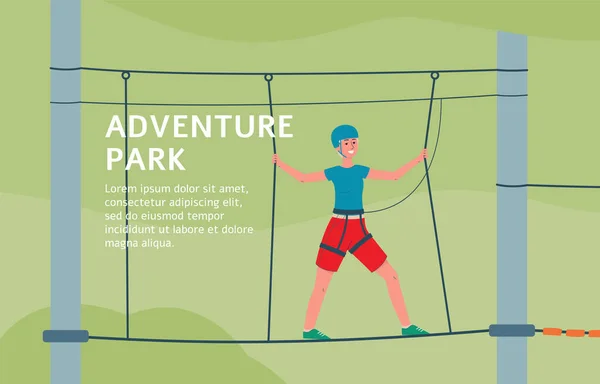 Plantilla de banner de parque de aventura con niño de dibujos animados caminando en puente de cuerda — Vector de stock