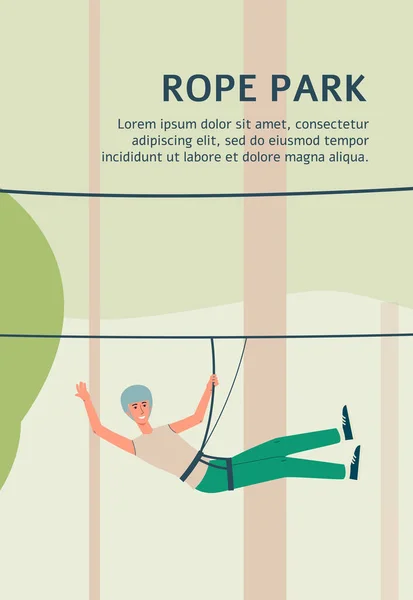 Plantilla de póster de parque de cuerdas con hombre de dibujos animados cabalgando tirolesa al aire libre — Archivo Imágenes Vectoriales