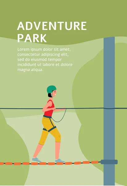 Adventure park poster template met cartoon vrouw in helm op touw brug — Stockvector