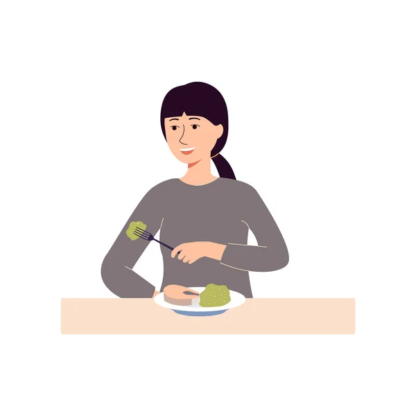 Femme heureuse mangeant de la nourriture et souriant personnage de dessin animé féminin — Image vectorielle