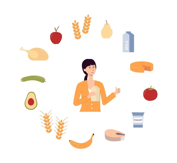 Cartoon žena a zdravé stravy potravin - plochý plakát izolované na bílém pozadí. — Stockový vektor