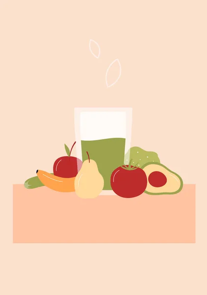 Minuman smoothie hijau di kaca dikelilingi oleh buah-buahan dan sayuran - Stok Vektor