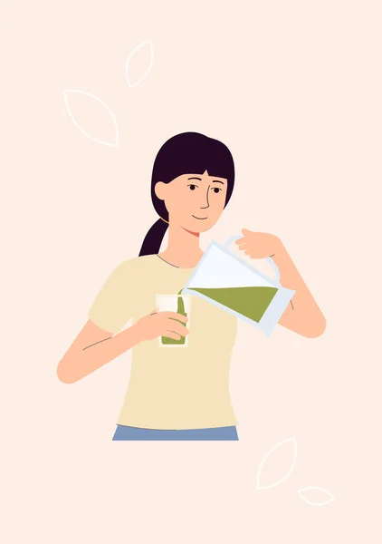 Frau mit gesunder Ernährung gießt grünen Smoothie aus dem Mixer ins Glas — Stockvektor