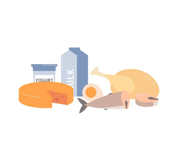 Alimentos lácteos, pescado y carne aislados sobre fondo blanco. — Vector de stock