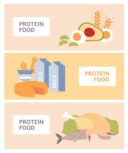 Conjunto de pancartas con productos alimenticios de alto contenido proteico, ilustración vectorial plana. — Vector de stock