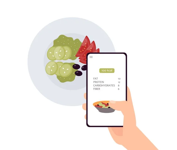 Kalori räkna app på telefonskärmen över grön sallad skålen — Stock vektor