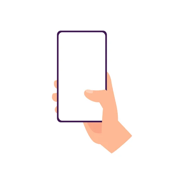 Mobiele telefoon met leeg scherm in de hand pictogram, platte vector illustratie geïsoleerd. — Stockvector