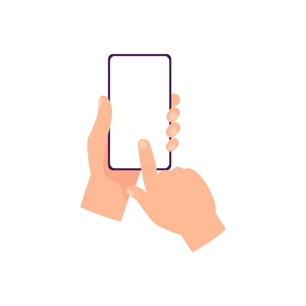 Manos sosteniendo smartphone con pantalla en blanco, ilustración vectorial plana aislada. — Vector de stock