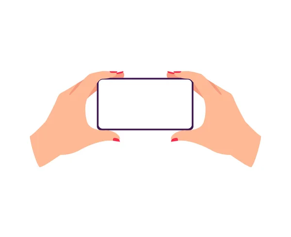 Vrouwen handen houden horizontaal mobiele telefoon platte vector illustratie geïsoleerd. — Stockvector