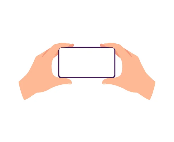 Horizontalement placé dans les mains téléphone portable plat vecteur illustration isolé. — Image vectorielle