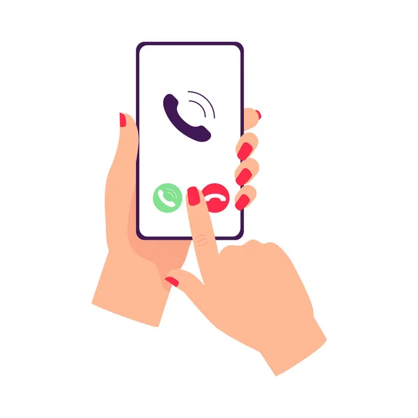 Hand holding smartphone and making phone call flat vector illustration isolated. — Stock Vector