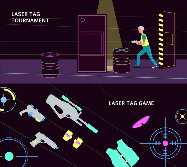 Laser tag turnajový banner set s vybavením a hráč s pistolí — Stockový vektor