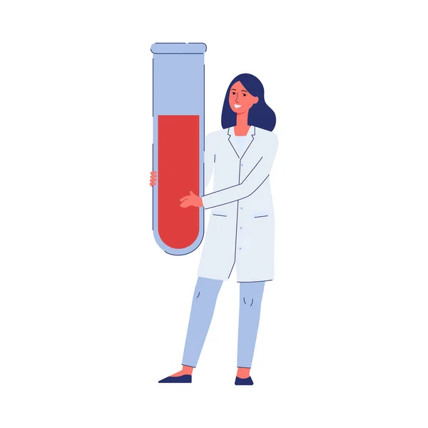 Petit médecin personnage tenant tube à essai sanguin plat vecteur illustration isolé. — Image vectorielle
