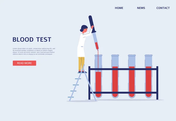 Banner de web de laboratório de teste de sangue com ilustração de vetor plano de caráter médico . — Vetor de Stock