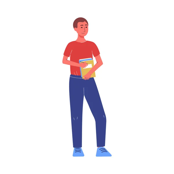 Jeune étudiant tenant des livres et des manuels illustration vectorielle plate isolé. — Image vectorielle